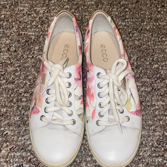 Womens Ecco Soft Pink Floral Leather Lace Up Sneakers - Picture 5 of 10